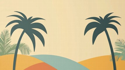 Vibrant Tropical Illustration with Palm Trees and Colorful Hills Against a Soft Pastel Background Perfect for Summer Themes