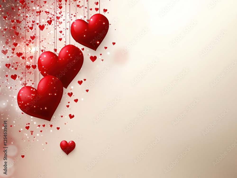 Poster red hearts cascade down on light background with sparkles and bokeh effect for romantic design