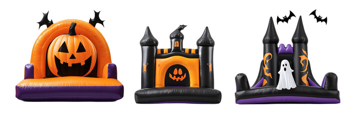 Halloween Bouncy Castles with Pumpkins, Ghosts, and Bats – Spooky Inflatable Fun in Black, Orange, and Purple, isolated on transparent background, png