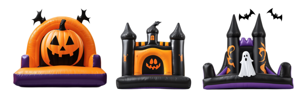 Halloween Bouncy Castles with Pumpkins, Ghosts, and Bats – Spooky Inflatable Fun in Black, Orange, and Purple, isolated on transparent background, png