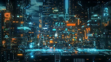 Futuristic Cityscape: Neon Lights and Digital Architecture
