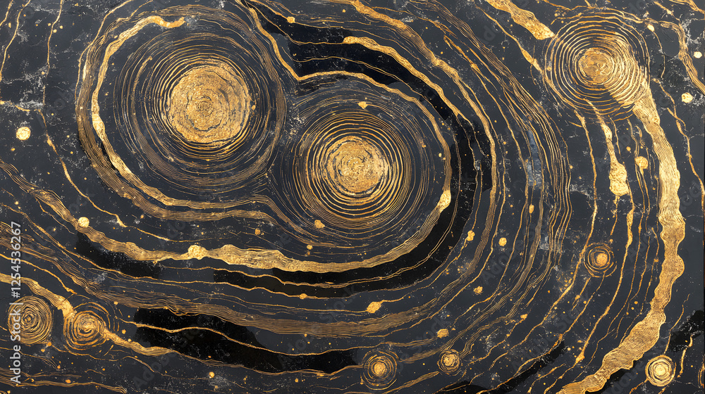 Poster black and gold marble texture with swirling patterns and celestial design elements