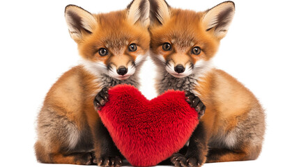 Obraz premium Two Playful Fox Cubs Holding a Fluffy Heart Pillow, Full Body, Soft Reddish Fur, Bright Eyes, Studio Shot, isolated on transparent background, png