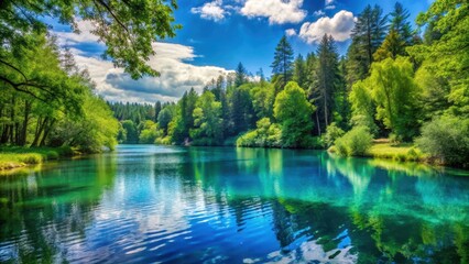 Serene lake scene with clear blue water splashing in a render, surrounded by lush greenery and tall trees , landscape, outdoor photography