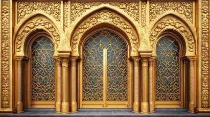 Obraz premium Beautiful gold Arabic window with intricate designs, traditional door frame with Islamic arches, geometric patterns 