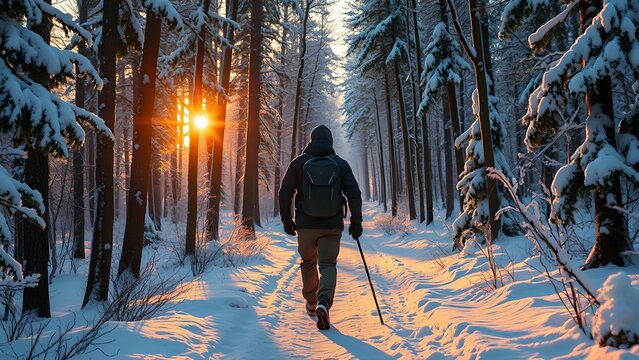 A winter adventurer treks through a dense snowy forest, back turned to the viewer, as delicate sunlight from the setting sun bathes the frost-covered trees