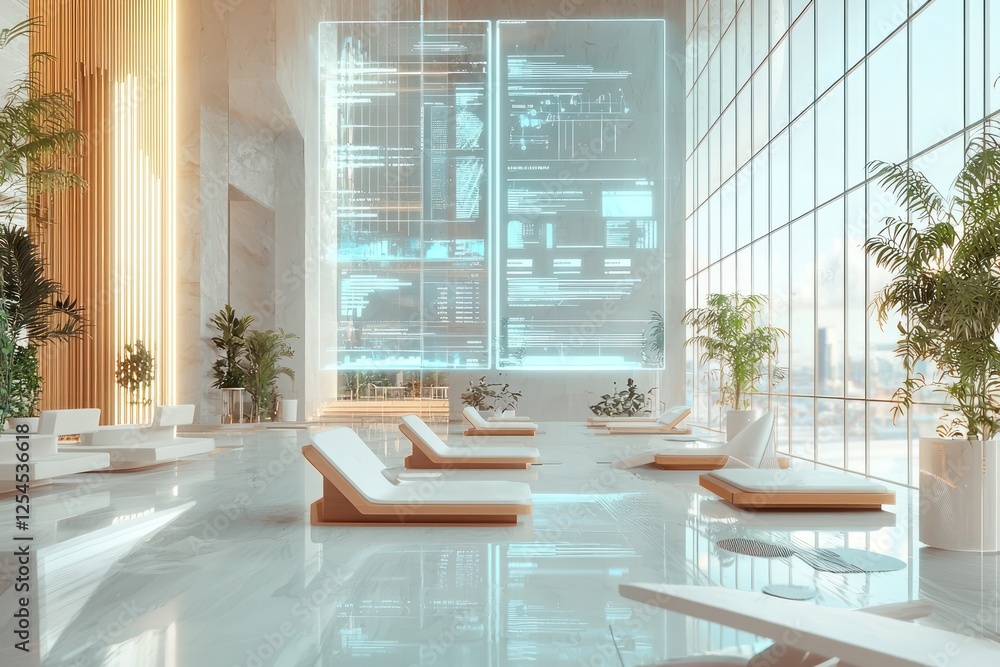 Poster quiet coworking area enhanced with holographic ai for visualizing design processes.