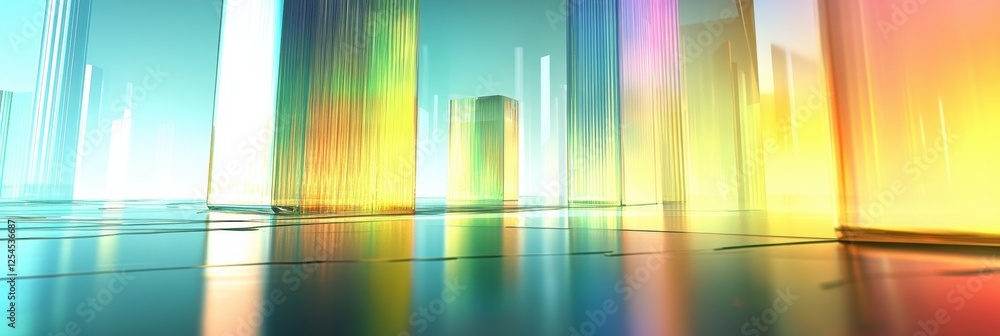 Aufkleber Futuristic cityscape features tall skyscrapers with vibrant colors reflecting on smooth surfaces during the day. Generative AI