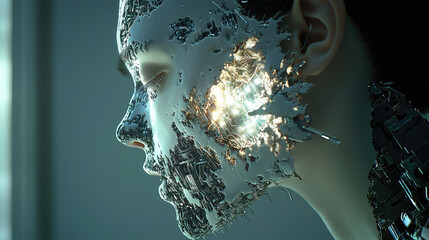 Futuristic close-up of a humanoid face with metallic features and glowing elements, set in a high-tech environment