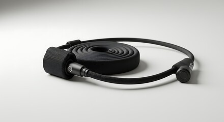 Black Surfboard Leash Coiled on White Background for Watersports