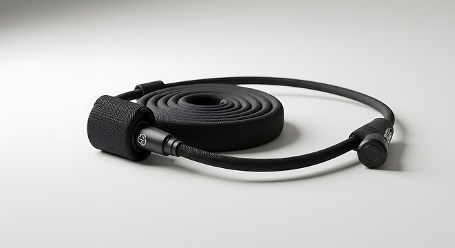 Black Surfboard Leash Coiled on White Background for Watersports