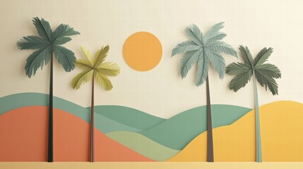 Vibrant Tropical Landscape with Palm Trees and Colorful Hills Illustrating a Sunset Ideal for Creative Projects and Design Inspiration.