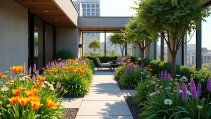 Rooftop garden with colorful flowers, greenery, lounge seating, and city skyline	