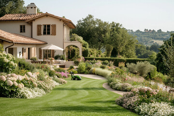 A close-up view of lush, green lawn grass with morning dew, showcasing vibrant color and fresh texture.