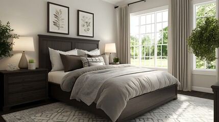 Fototapeta premium cozy bedroom with dark wood and plush bedding 