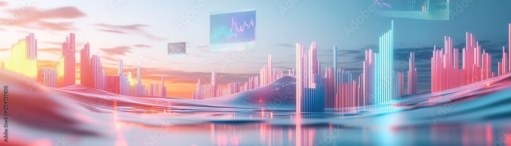 Poster a vibrant digital cityscape featuring illuminated skyscrapers and abstract data visuals, reflecting 