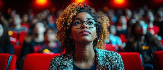 Young Woman with Curly Hair Watching Movie in Theatre Environment