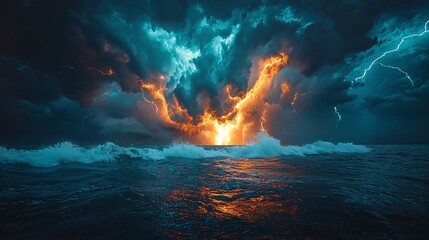 Dramatic Sunset Behind Dark Storm Clouds over Turbulent Ocean Waves
