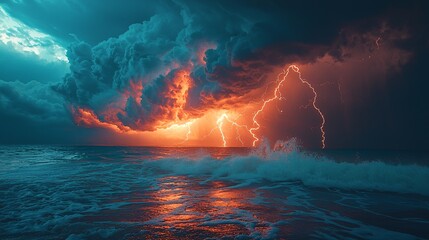 Dramatic Lightning Strikes Over Turbulent Ocean Waves at Dusk