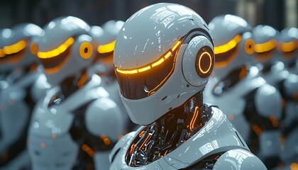 Futuristic Robots in Formation with Glowing Details and Sleek Design