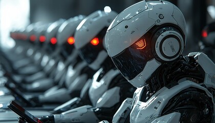 Futuristic Robots with Glowing Eyes in High-Tech Environment