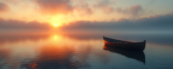 Tranquil Sunrise Over Calm Water with a Boat Silhouette