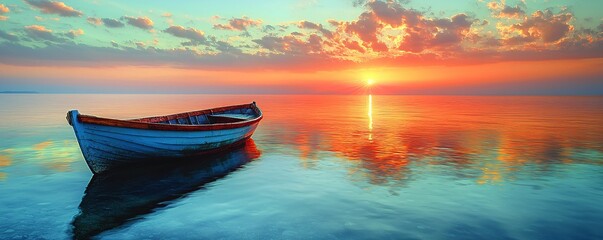 Serene Sunrise Over Calm Waters with Boat Silhouette on Horizon