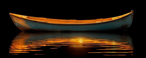 Serene Wooden Boat on Calm Dark Water at Sunset Reflection