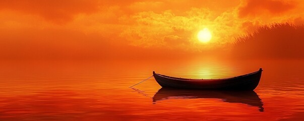 Serene Sunset Over Calm Water with a Wooden Boat Silhouette
