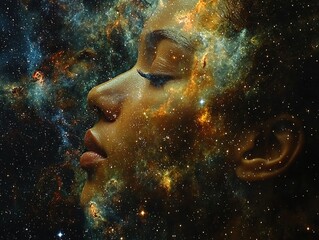 Cosmic Portrait of a Woman Surrounded by Stars and Galaxies