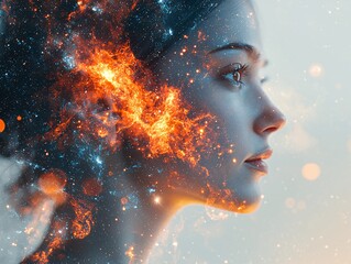 Ethereal Portrait of Woman with Cosmic Galaxy Elements in Hair