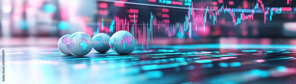 Poster a digital representation of data analysis, featuring glowing spheres and vibrant graphs, illustratin