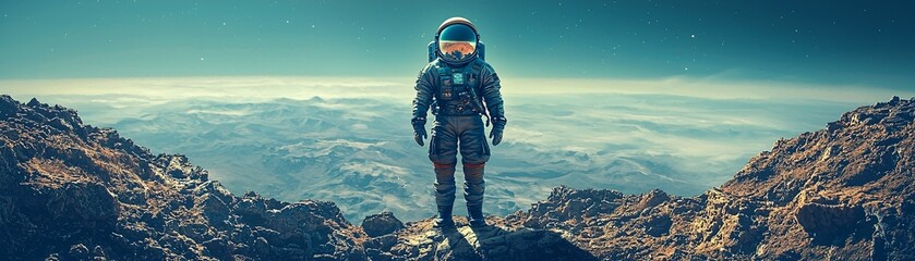 Astronaut Standing on Alien Landscape Under Vast Starry Sky