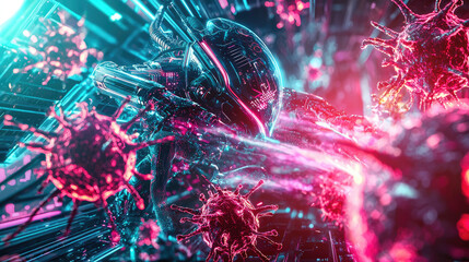 Futuristic battle between a cybernetic warrior and glowing viruses in a high-tech environment