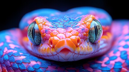 Abstract animal Viper snake portrait with colorful paint on skin and scales, Bright color, gradient background