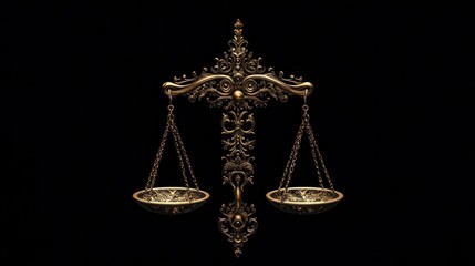 Ornate bronze scales of justice against black