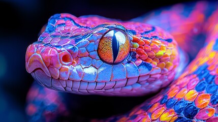 Fototapeta premium Abstract animal Viper snake portrait with colorful paint on skin and scales, Bright color, gradient background