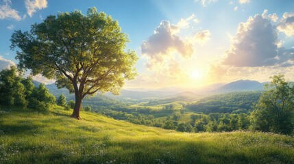 Fototapeta premium Serene sunrise over a lush green valley with a solitary tree and distant mountains