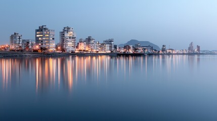 Naklejka premium Coastal city skyline at twilight. Buildings reflected in calm water. Possible use Stock photo for travel, real estate, or architecture