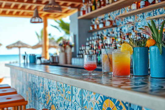 Exquisite cocktails are beautifully arranged on the vibrant bar of a beachside establishment, showcasing tropical fruits and a lively atmosphere under the sun