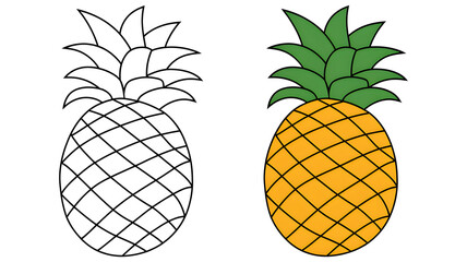 Cartoon style coloring page of a pineapple with a colored example for kids' activities, tropical fruit learning book design, isolated on white background