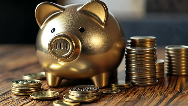 Golden piggy bank with stacks and scattered coins on a wooden surface, symbolizing financial planning