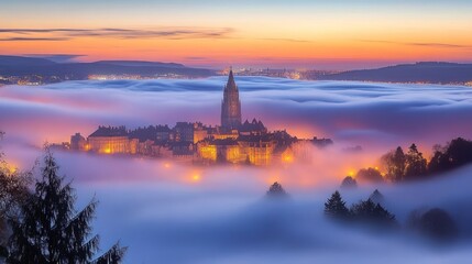 Fototapeta premium City Covered In Fog At Dawn Viewpoint Landscape Golden Hour Misty Morning Cityscapes European Cityscape Panorama Illuminated Buildings