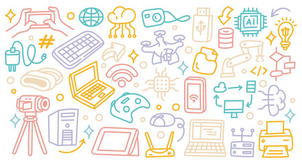 Colorful Technology Doodle Icons – Hand-Drawn Digital Devices, Gadgets, and Internet Symbols Vector Illustration