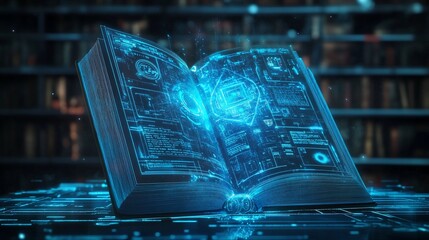 Open book with digital content and glowing light effect in a library setting