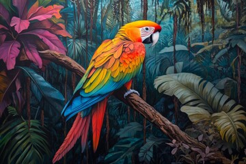 Fototapeta premium A colorful parrot perched on a branch in a tropical jungle