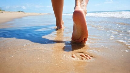 Barefoot walk on a sandy beach with ocean waves and blue sky on a sunny day