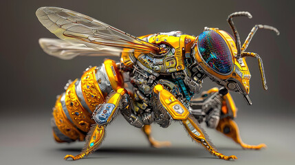 A futuristic robotic bee with intricate metallic details, set against a blurred background, showcasing advanced technology