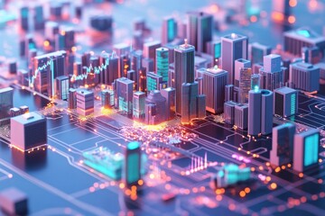 A vibrant digital cityscape featuring skyscrapers and circuit patterns, illustrating the fusion of technology and urban design.