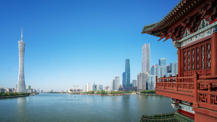 Stunning Overlook of Guangzhou's Skyline with Traditional Pavilion